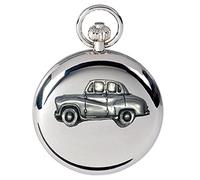 Classic British car Austin A30 4 porte berlina ref6 effetto peltro design su una cassa argento lucido regalo uomo orologio da tasca fob