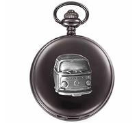 Classic Camper Van Full Screen ref313b effetto peltro design su una cassa nera lucida regalo orologio da tasca al quarzo orologio fob