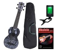 Classic Cantabile BeachBuddy "Black Beauty" Sopran Ukulele SET in ccordatore e Spartiti (Uke, chitarra Hawaii, plastica, 12 tasti, adatto per esterni e spiaggia, accordatore, scuola)