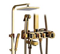 Classica doccia termostatica oro oro, lussuoso set di rubinetti da doccia da bagno in ottone 4 funzioni, mixer per doccia da bagno montato a parete Aqiong