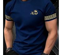 Classica e versatile maglietta a maniche corte blu navy da uomo, con icona "Re" dorata sul polsino e motivo floreale, stile cool e maturo da strada L,M,S,XL,XS,XXLGrafico,LettereTessuto in maglia