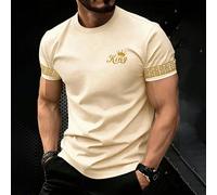 Classica e versatile maglietta bianca a maniche corte da uomo, con icona "Re" dorata sul polsino e design floreale, stile cool e maturo da strada L,M,S,XL,XXLGrafico,Lettere,A strisceTessuto in maglia