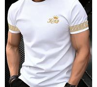 Classica e versatile maglietta bianca a maniche corte da uomo, con icona "Re" dorata sul polsino e design floreale, stile cool e maturo da strada L,M,S,XL,XS,XXLGrafico,Lettere,A strisceTessuto in mag