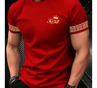 Classica e versatile t-shirt rossa a maniche corte da uomo, con icona "Re" dorata sul polsino e design floreale, stile cool e maturo da strada L,M,S,XL,XXLNatale,LettereTessuto in maglia