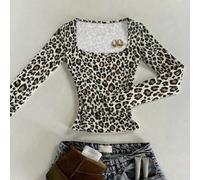Classica maglietta a maniche lunghe slim con scollo quadrato, stampa leopardata beige e marrone chiaro, stampa animale, adatta per tutte le stagioni, maglietta di moda, regalo per fratelli e sorelle, 
