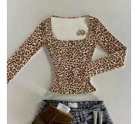 Classica maglietta a maniche lunghe slim con scollo quadrato, stampa leopardata in nero e marrone chiaro, stampa animale, adatta per tutte le stagioni, maglietta di moda, regalo per fratelli e sorelle
