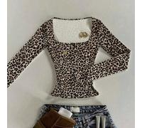 Classica maglietta a maniche lunghe slim con scollo quadrato, stampa leopardata in nero e marrone chiaro, stampa animale, adatta per tutte le stagioni, maglietta di moda, regalo per fratelli e sorelle