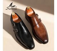 Classiche scarpe eleganti da uomo in pelle stile retrò con fibbie, mocassini con punta affusolata e doppia fibbia, scarpe formali adatte per uomini di mezza età, giovani, studenti per il ritorno a scu