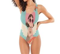 Classico costume da bagno intero per le donne Art Deco Love a forma di U controllo della pancia, Angelo Cowboy San Valentino, S