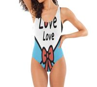 Classico costume da bagno intero per le donne Art Deco Love a forma di U controllo della pancia, Busta Blu Love, M