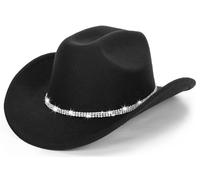 Classico Feltro-Western-Cowboy-Cowgirl-Cappelli per Donna-Uomo-Fedora-Jazz-Hat con Band(Lagre), Nero con strass, L