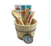 Classico set di accessori per sauna, 5 pezzi, Premium con vaso per sauna in legno di conifera, cazzuola per sauna, termometro rettangolare e clessidra 15 minuti con sabbia nera