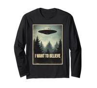 Classico Vintage Voglio Credere UFO Alien Craft Cospirazione Maglia a Manica