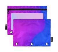 Classroom - Astuccio per matite a 3 anelli, con cerniera, in tessuto trasparente, per scuola, colore fluo, viola, blu, 24,9 x 18 cm, confezione da 2