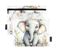 Classroom - Raccoglitore a 3 anelli, con cerniera, per la scuola, con tasche trasparenti, motivo elefante e fiori pastello, 24,9 x 18 cm, confezione da 2