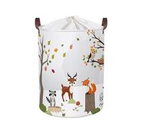 Clastyle 63L Cesta Portabiancheria Animale della Foresta Bianco per Ragazzi Ragazza Contenitore Giochi Bambini Orso Volpe Grande Tondo Pieghevole per Camera da Letto, 40x50 cm