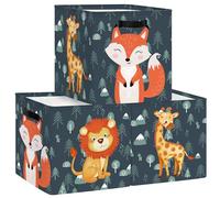 Clastyle Set di 3 Scatole Portaoggetti Animali Leone Cubo di Stoccaggio per Bambini Armadio Vestiti Cesto per Scaffali per Libri Blu Giraffa Volpe Scrigno dei Giocattoli della Scuola Materna