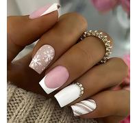 Clataly 24 Pz Natale Alce Chiodi Falsi Fiocco di Neve Chiodi Falsi Testa Piatta Nail Press On False Nails (B)