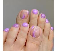 Clataly 24pcs Fiori Quadrati Finti Unghie Glitter Lucido Stampa sul Toe Unghie Brevi Acrilici Falsi Toes Unghie Artificiali Unghie del Toe per le Donne Ragazze (E)