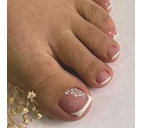 Clataly 24pcs Fiori Quadrati Finti Unghie Glitter Lucido Stampa sul Toe Unghie Brevi Acrilici Falsi Toes Unghie Artificiali Unghie del Toe per le Donne Ragazze (A)