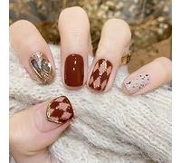 Clataly 24Pz Albero di Natale Amore Brevi Chiodi Falsi Fiori di Perla Cane Coniglio Acrilico Chiodi Falsi Stampa su Unghie per le Donne Ragazze (J)