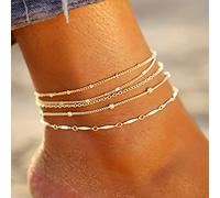 Clataly 5 Pieces Anklets Beaded Chain Anklet Boho Multi-layered Anklet Bracelets Beach Foot Chain Jewelry for Women and Girls (Oro)