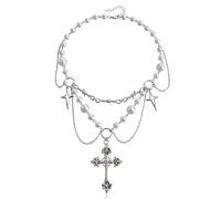 Clataly Crystal Cross Pearl Collana Gothic Choker Crocifisso Pendente Collana Argento Perline Gioielli per le Donne e le Ragazze