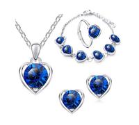 Clataly Cuore Cristallo Collana Orecchini Bracciale Anello Set Amore Pendente Collana Gioielli per le Donne e Ragazze (Blu)