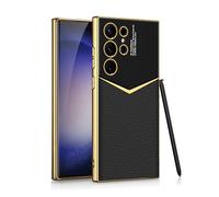 Clatoxi Leather Case for Samsung Galaxy S24 Ultra with Electroplated Frame, Vintage Luxury PU Non-Slip Grip Shockproof Full Body Protective Cover Phone Cases for Samsung Galaxy S24 Ultra 5G (Black)