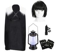 Claudia - Set costume da presentatrice televisiva, mantello in pelliccia nera, parrucca, eyeliner, guanti e lanterna, divertente travestimento ispirato al traditore per adulti, Halloween e feste