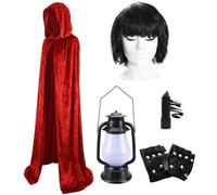 Claudia - Set costume da presentatrice televisiva - mantello rosso con cappuccio, lanterna, parrucca, eyeliner e guanti - Divertente costume ispirato al traditore per adulti, Halloween e feste