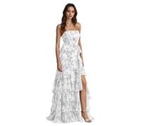 CLcaojun Floreale Halter Prom Dresses a strati Increspature Backless Una linea Abito da sera lungo con fessura, bianco, 44