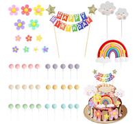 CLDURHGE Decorazioni per Torte Boho 45 Pezzi Set Topper Colorati con Fiori in Silicone Arcobaleno Stelle Nuvole Smiley Mini bandierine per Compleanno Festa Dolci Cupcake