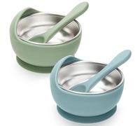 CLDY Confezione da 2 ciotole in acciaio inox per bambini, con base a ventosa, set per l'alimentazione delle lumache, con 2 cucchiai in silicone, set per lo svezzamento dei bambini, in acciaio