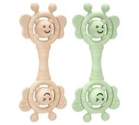 CLDY Set di 2 palline sensoriali con sonaglio, in silicone, senza BPA, giocattolo Montessori, sonaglio per bambini, gengive doloranti per stimolare e massaggiare (verde + beige)