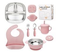 CLDY Set di 8 stoviglie per bambini, con piatto in acciaio inox, ciotola per bambini, bavaglini in silicone, con ventosa in silicone rimovibile, senza BPA, a prova di perdite, lavabile in
