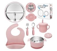 CLDY Set di 8 stoviglie per bambini, con piatto in acciaio inox, ciotola per bambini, bavaglini in silicone, con ventosa in silicone rimovibile, senza BPA, a prova di perdite, lavabile in