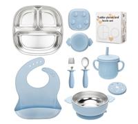 CLDY Set di 8 stoviglie per bambini, con piatto in acciaio inox, ciotola per bambini, bavaglini in silicone, con ventosa in silicone rimovibile, senza BPA, a prova di perdite, lavabile in