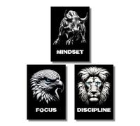 CLEAN SPORTS® Set di 3 poster motivazionali - Set di immagini motivazionali per il business e le immagini del corpo in formato DIN A2 - Bulle Adler Leone Trading Mindset - senza cornice (set da 3)