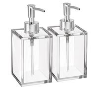 Clear Acrylic Reusable Kitchen & Bathroom Hand Sanitizer Dispenser with Rust Proof Stainless Steel Pump, Square Soap Dispenser Set | 12 oz, 2 Pack