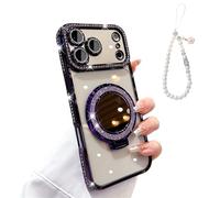 Clear Glitter Bling Diamond Magnetic Kickstand with Makeup Mirror,Compatible with MagSafe,Camera Lens Protector Cute Sparkly Phone Case for iPhone 17/16/15/14/13 Pro Max (For iPhone 15ProMax,Purple)