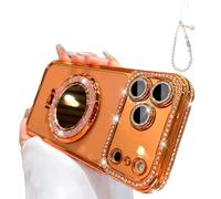 Clear Glitter Bling Diamond Magnetic Kickstand with Makeup Mirror,Compatible with MagSafe,Camera Lens Protector Cute Sparkly Phone Case for iPhone 17/16/15/14/13 Pro Max (For iphone 16ProMaX,Orange)