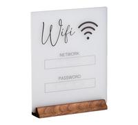 Clear WiFi Display - Acrilico - Wireless Network Identificatore - Elegante supporto per accesso a Internet con base in legno | Pezzo decorativo contemporaneo per segnaletica digitale