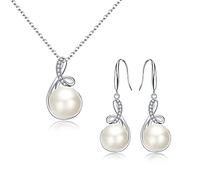 Clearine 925 Silver CZ Peral d'acqua dolce Set di orecchini a gancio con collana a rotolo, Wedding/Valentine's Day/Birthday/Christmas/Mother's Day Jewellery for Mom/Wife/Women