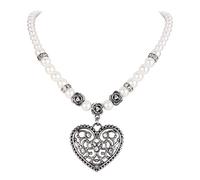 Clearine Collana Donna Boemo Boho Cristallo Birra Oktoberfest Avorio Colore Perla Simulata Incavato Cuore Forma Filo Trasparente Antico-Argento-Fondo