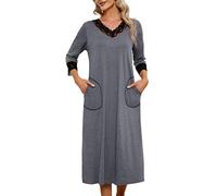 Clearlove Camicia da Notte Calda a Maniche Lunghe delle Signore del Collo a V Morbido Pigiama di Colore Contrastante, Grigio, XL