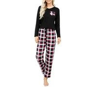 Clearlove Pigiama lungo da donna, set di biancheria da notte invernale, in due pezzi, per la casa, con pantaloni a quadri, Griglie bianche nere, S