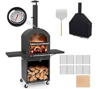 CLEEMAN Forno per pizza all'aperto, forno per pizza a legna con pietra per pizza da 30,5 cm, pala per pizza e 2 tavolini, fornello per pizza a pellet con ruote e copertura impermeabile, fornello
