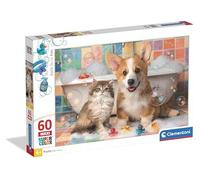 Clementoni Bath Time Fun Supercolor Puzzle - Puzzle per bambini, 60 pezzi, grande, con illustrazione di cucciolo di cane e gattino nella vasca, dai 4 anni in su, 26321