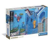 Clementoni - Puzzle 500 Pezzi per Adulti e Ragazzi, Illustrazione con Paesaggio Blue Street of Chefchaouen, Idea Regalo, Compact Box, Made in Italy, 49x36 cm, Poster Incluso, 35621